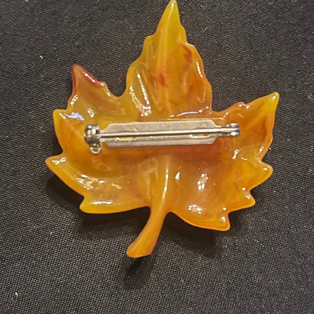 Vintage Avon Orange Lucite Maple Leaf Brooch with rhinestone
